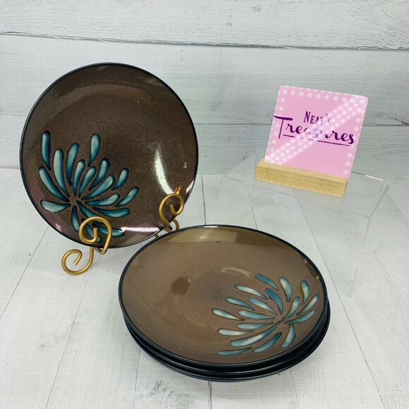 Pier 1 One BLUE MUM Stoneware Off Center On Brown Coupe Lunch Salad Plates Set 5